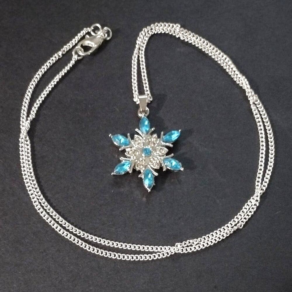 925 Silver Necklace W/ Blue Stone Snowflake Valentine's Birthday Gift NEW